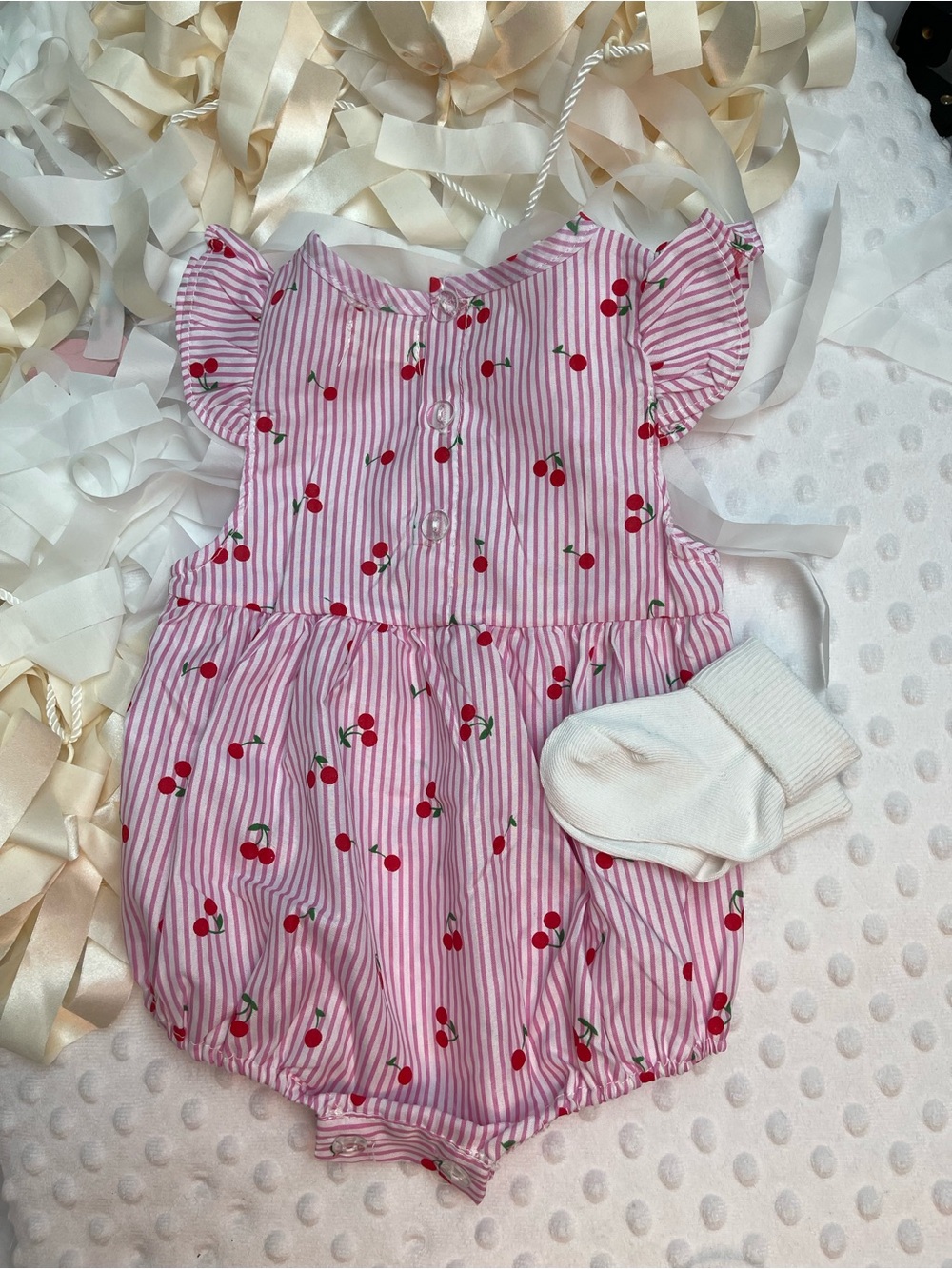 Pink Cherry-Print Girls Bubble Bodysuit with Ruffled Sleeves